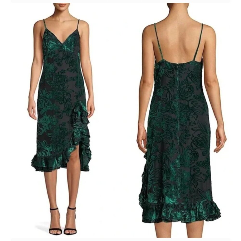 Caroline Constas Black & Green Velvet Floral Burnout Ruffle Slip Dress 4